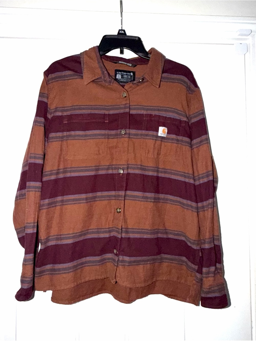 Carhartt Mens Striped Button-Up Shirt - Rust & Burgundy & Plum. Sz L
